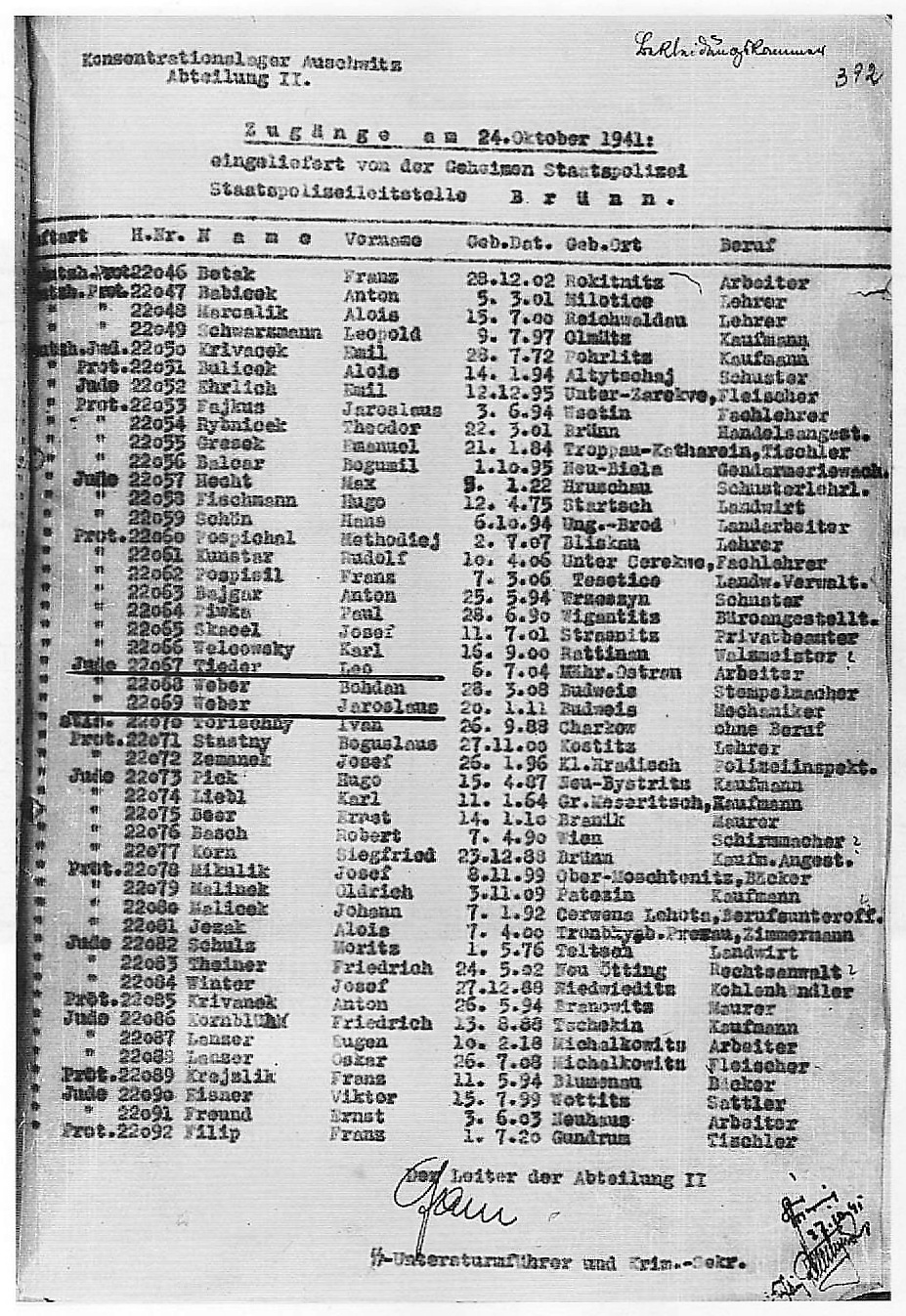 Protokol o transportu bratří Weberových z vedoucí úřadovny říšské státní tajné policie v Brně (Geheime Staatspolizeileitstelle Brünn) do Osvětimi ze dne 24. října 1941