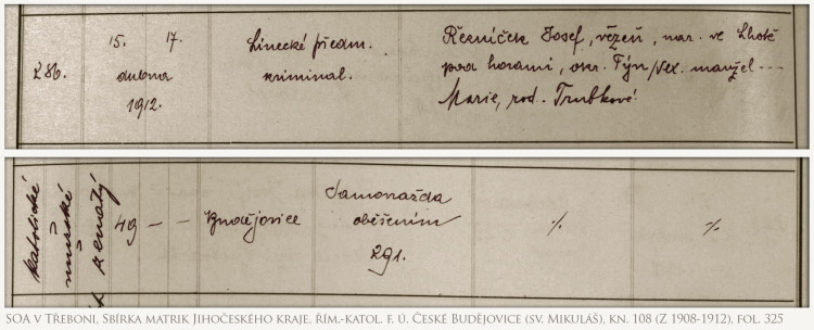 (SOA v Třeboni, Sbírka matrik Jihočeského kraje, řím.-katol. f. ú. České Budějovice (sv. Mikuláš), kn. 108 (Z 1908-1912), fol. 325)