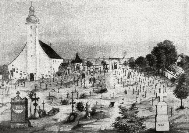 Staroměstský hřbitov v Budějovicích. Kresba ze soukromé sbírky Johanna Neubauera