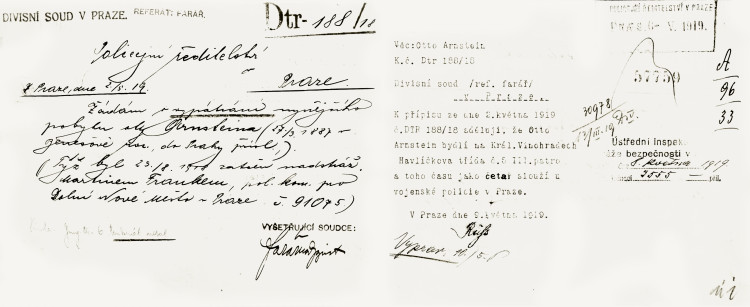 Vyhlášení pátrání po Ottovi Arnsteinovi, toho času četaři vojenské policie Divisním soudem v Praze, 6. května 1919 (NA ČR, fond Policejní ředitelství v Praze, 1931-1940, sign. A491/10)