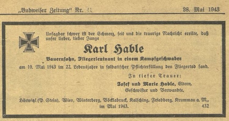Smuteční oznámení o smrti poručíka Karla Hable. Budweiser Zeitung, 1943/41 (28.5.1943), s. 16